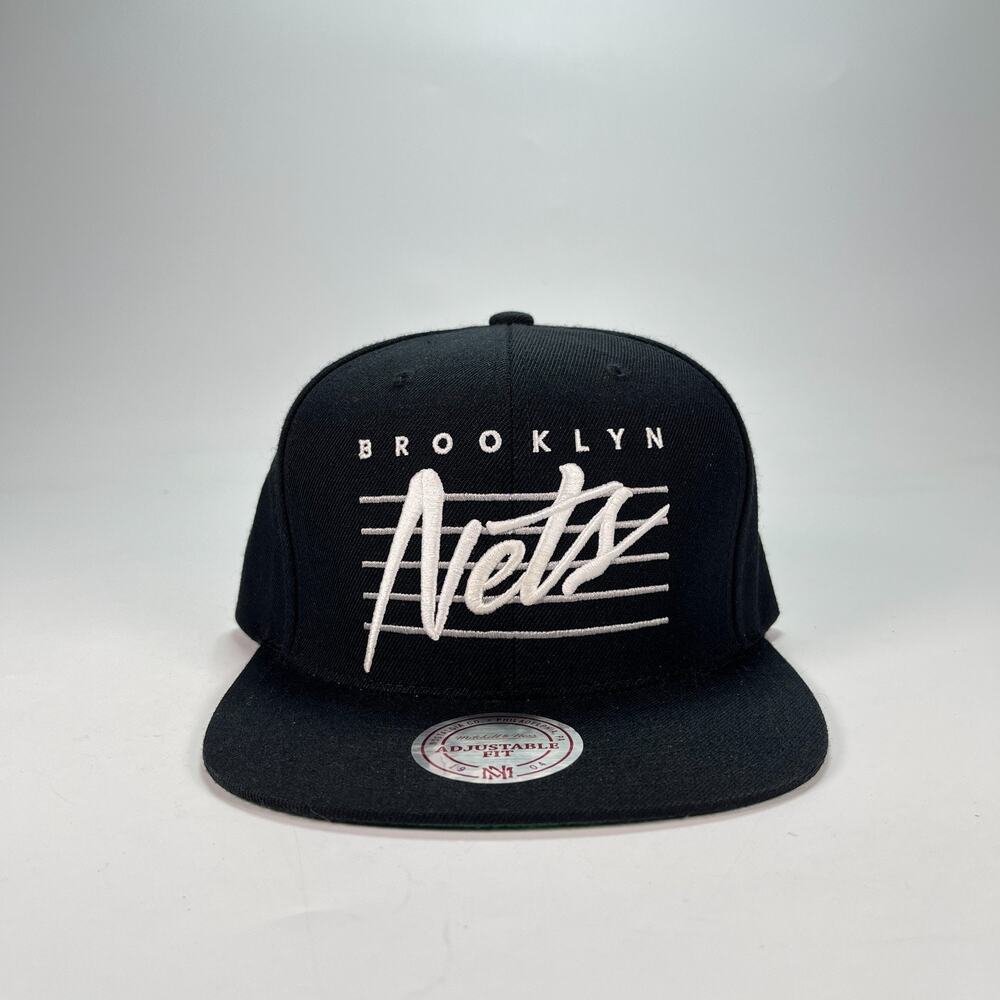 Mitchell & Ness Brooklyn Black White Nets NBA Line Work Team Script Snapback Hat